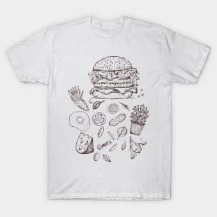 Vintage Fast food burger with french fries and vegetables T-Shirt